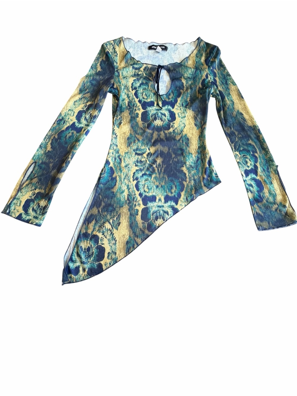 Urban Outfitters Floral Asymmetrical Tunic Top Bell Sleeve Blue Green S